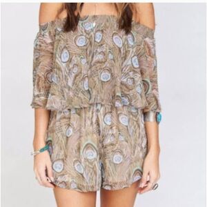 Show me your mumu rosarita medium peacock romper off shoulder shots short sleeve